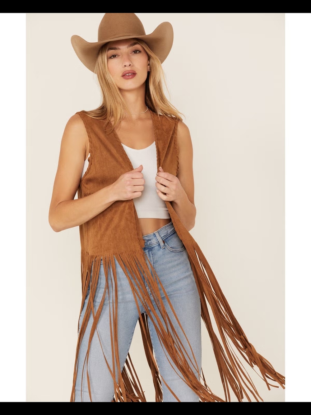 FORNIA Suede Long Fringe Vest Women's L  Brown Western Festival